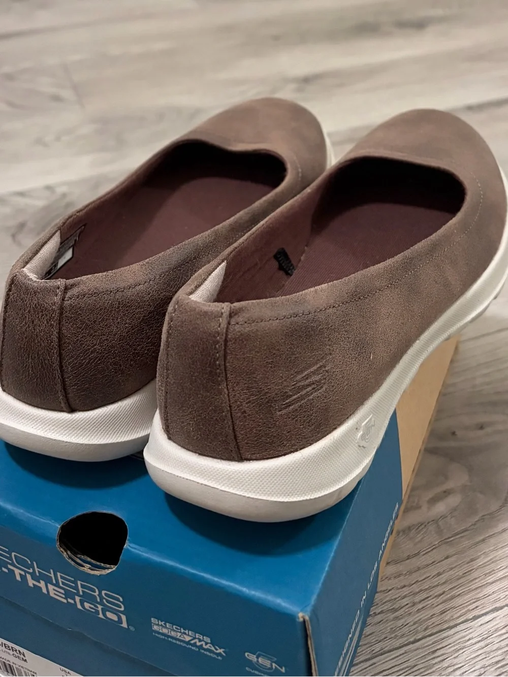 Skechers Brown Memory Foam Slip-On Flats with White Sole